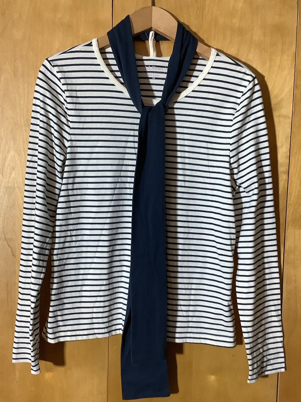 L.L. Bean white and navy striped top with navy scarf, size medium